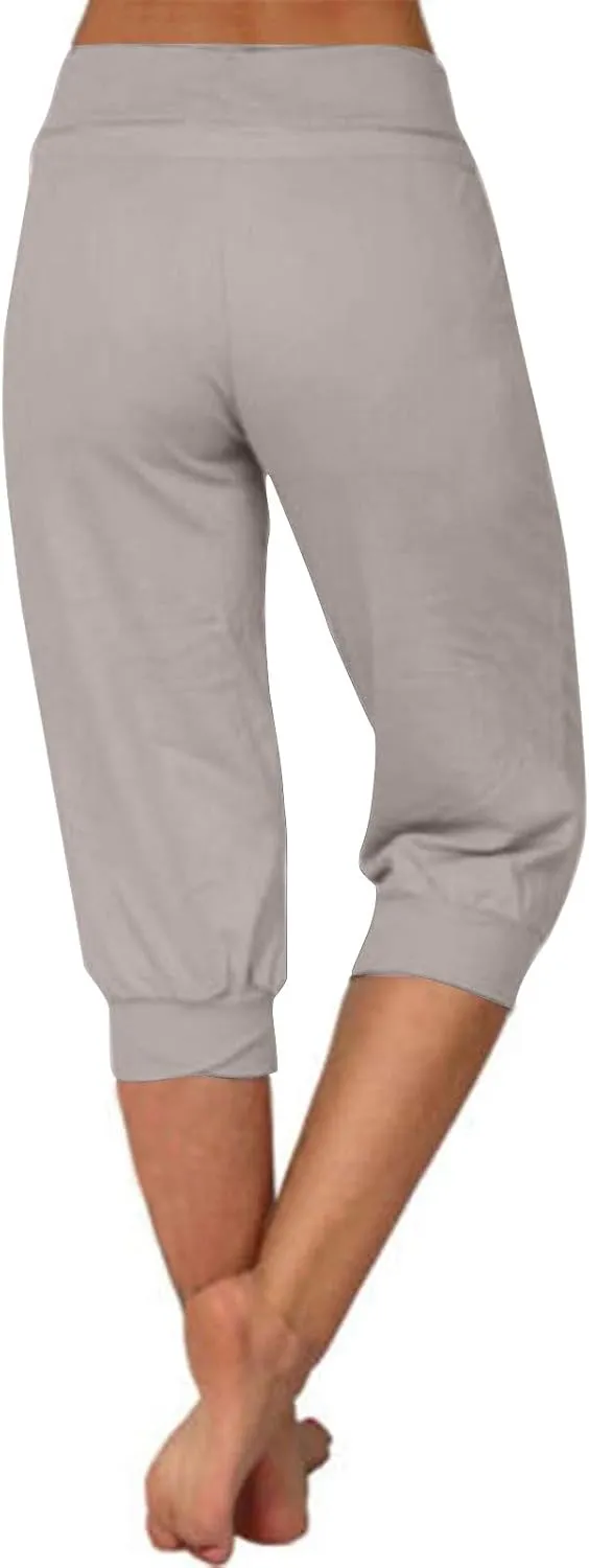 Women's 2025 Drawstring Track Pants Yoga High Elastic Cropped Sweatpant Solid Trouser with Pocket Casual Cuff Jogger