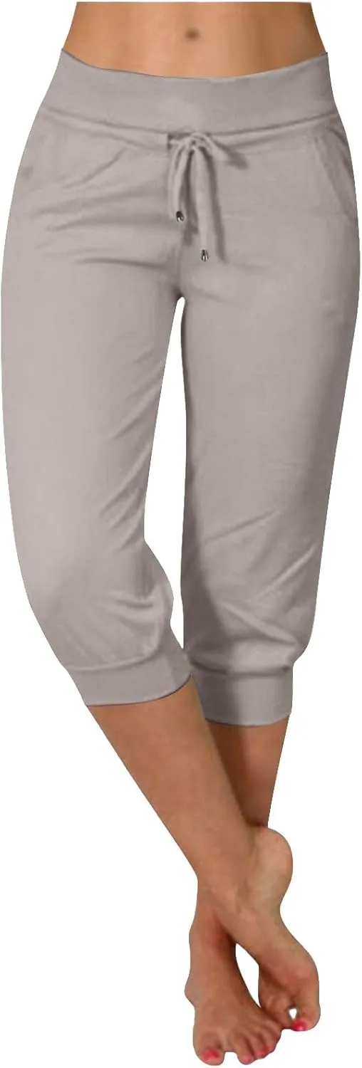 Women's 2025 Drawstring Track Pants Yoga High Elastic Cropped Sweatpant Solid Trouser with Pocket Casual Cuff Jogger