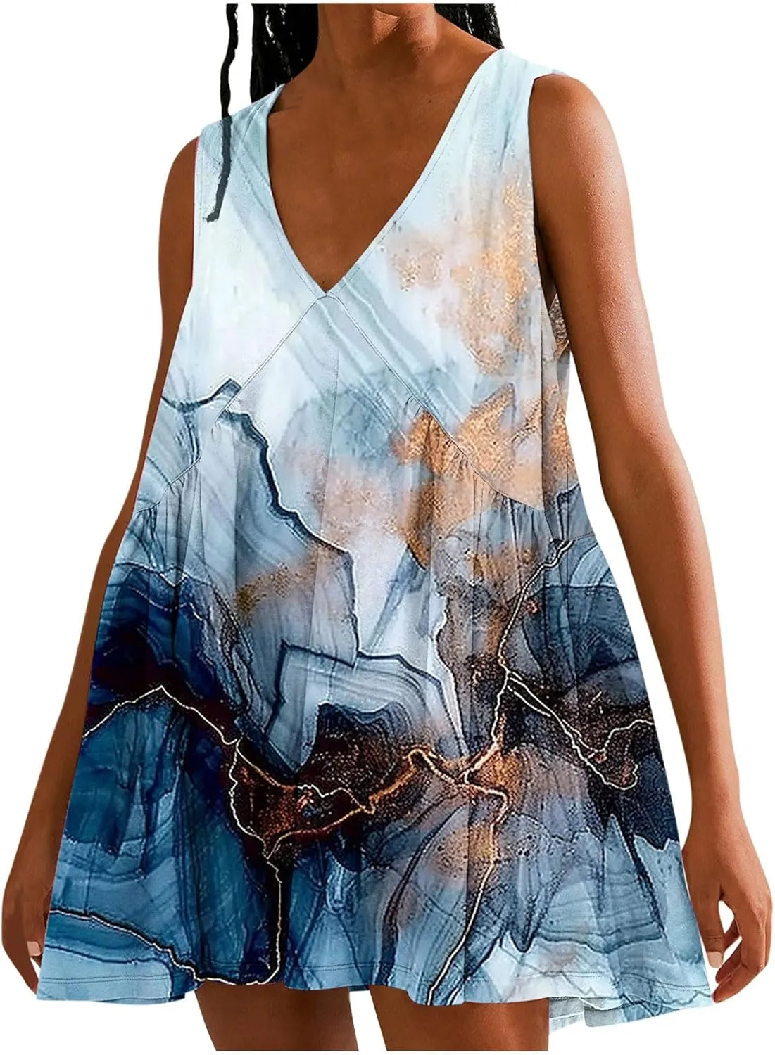 Women's Casual Summer Sundress 2025 Fashion V Neck Short Dress Graphic Print Sleeveless A Line Mini Dress with Pocket