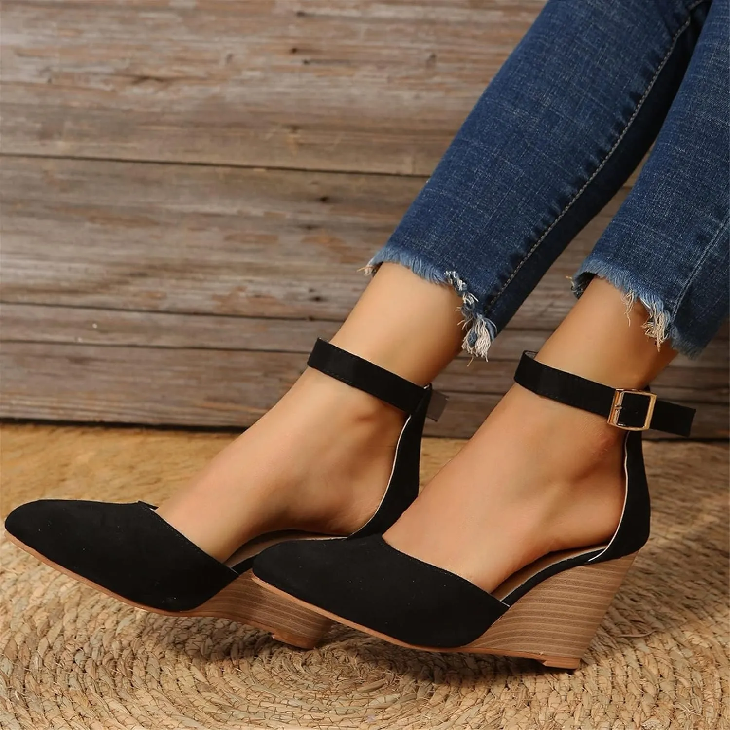 Womens Closed Toe Sandals Women Summer 2025 Casual Ankle Pumps Strap Espadrilles High Heels Wedges Wedding Party Dressy Flat Open Anti Slip with Adjustable Buckle Shoes Wedge Platform