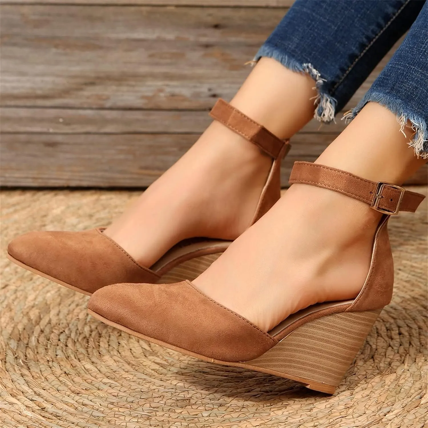 Womens Closed Toe Sandals Women Summer 2025 Casual Ankle Pumps Strap Espadrilles High Heels Wedges Wedding Party Dressy Flat Open Anti Slip with Adjustable Buckle Shoes Wedge Platform