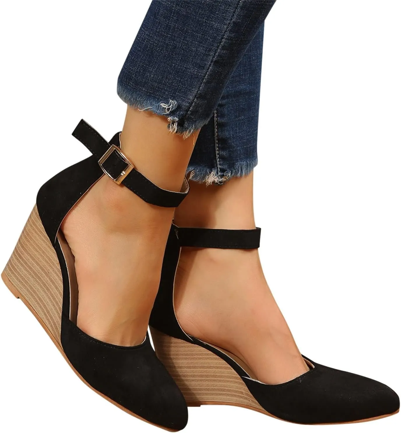 Womens Closed Toe Sandals Women Summer 2025 Casual Ankle Pumps Strap Espadrilles High Heels Wedges Wedding Party Dressy Flat Open Anti Slip with Adjustable Buckle Shoes Wedge Platform