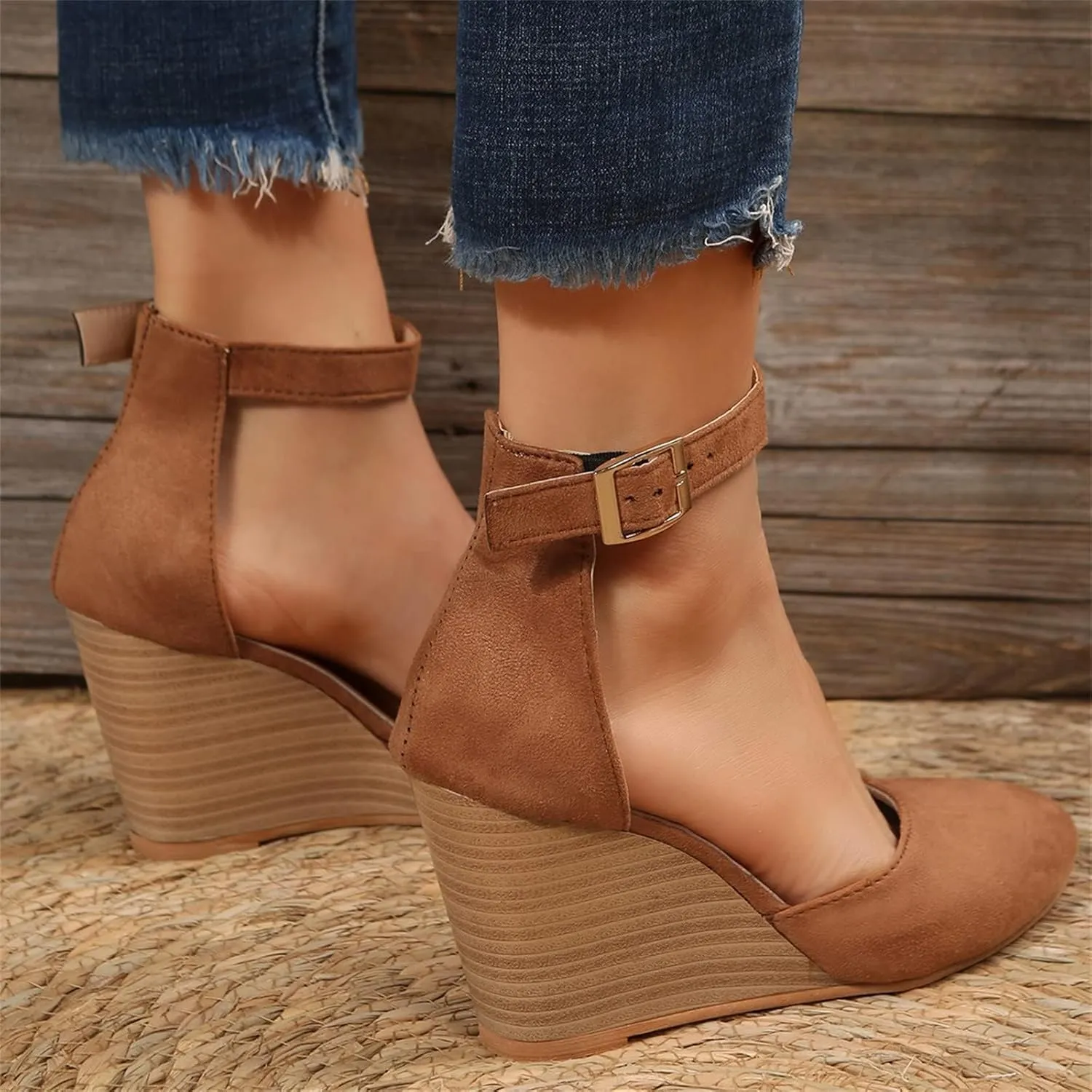 Womens Closed Toe Sandals Women Summer 2025 Casual Ankle Pumps Strap Espadrilles High Heels Wedges Wedding Party Dressy Flat Open Anti Slip with Adjustable Buckle Shoes Wedge Platform