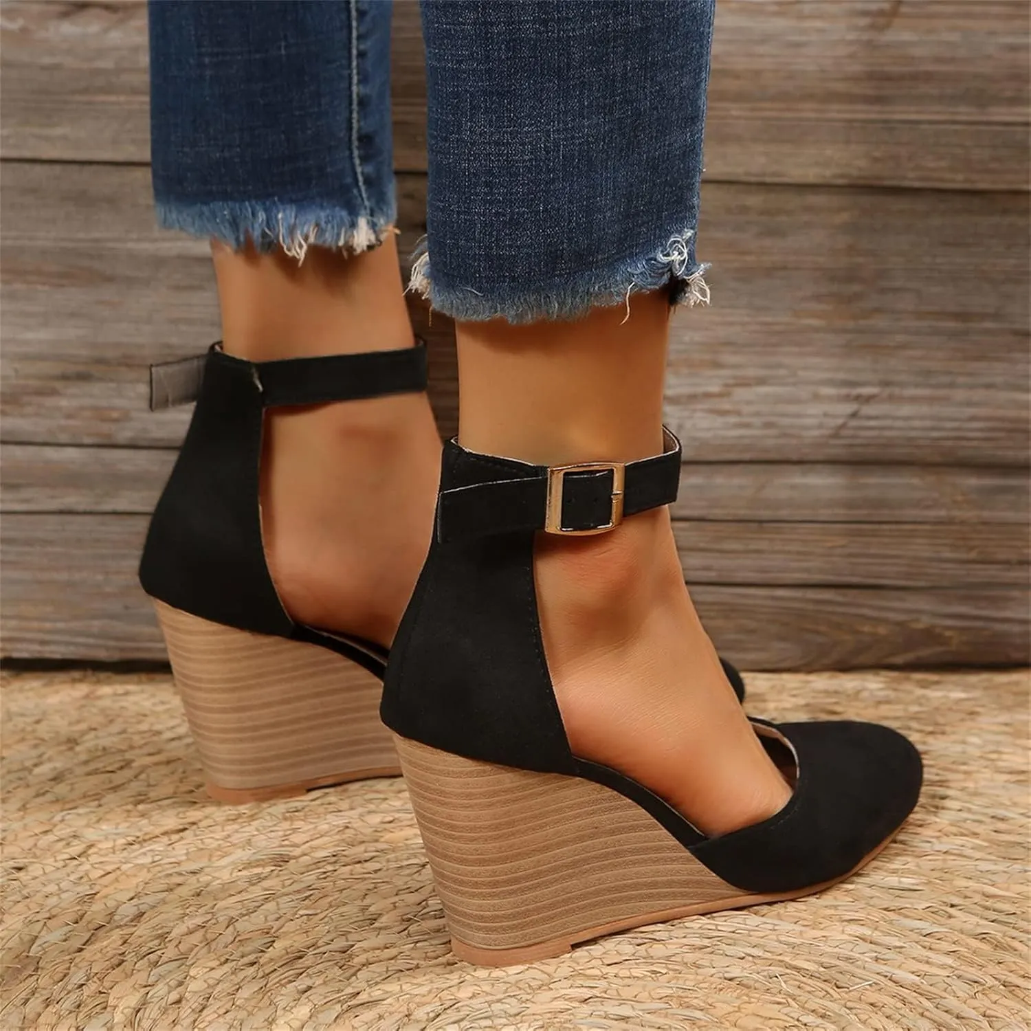 Womens Closed Toe Sandals Women Summer 2025 Casual Ankle Pumps Strap Espadrilles High Heels Wedges Wedding Party Dressy Flat Open Anti Slip with Adjustable Buckle Shoes Wedge Platform