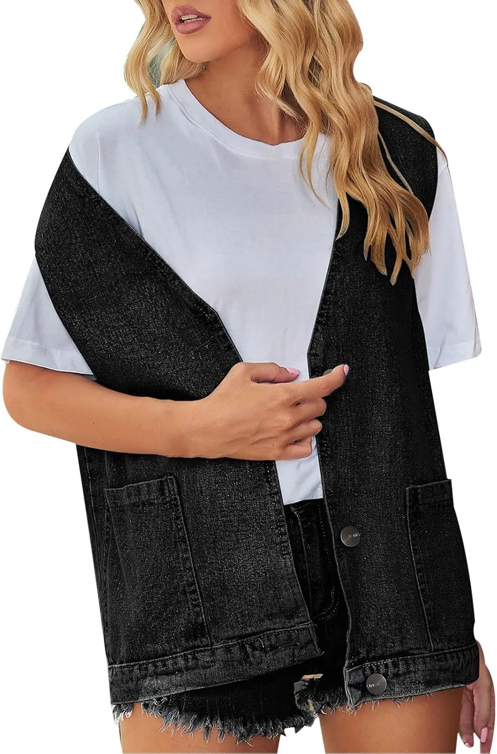 Womens Denim Vest Jacket Button Down Oversized Jean Gilet Loose Fit Sleeveless Comfy Vintage Cute Outerwear 2024 Winter