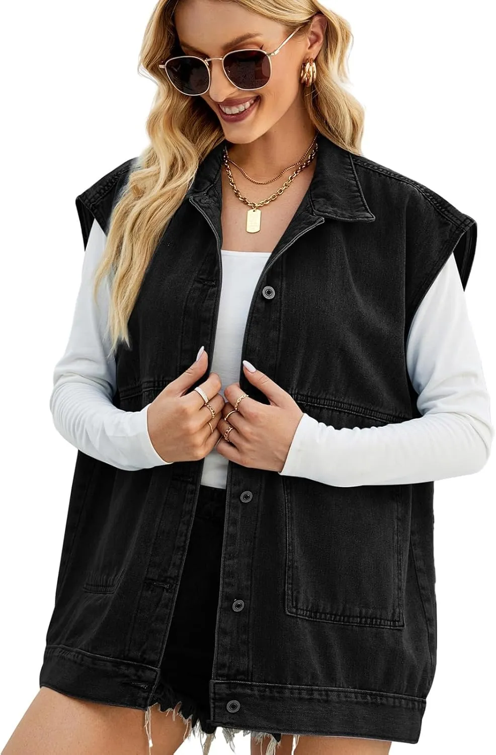 Women's Denim Vest Oversized Sleeveless Jean Jacket Button Down Casual Waistcoat With Detachable Hooded Vest
