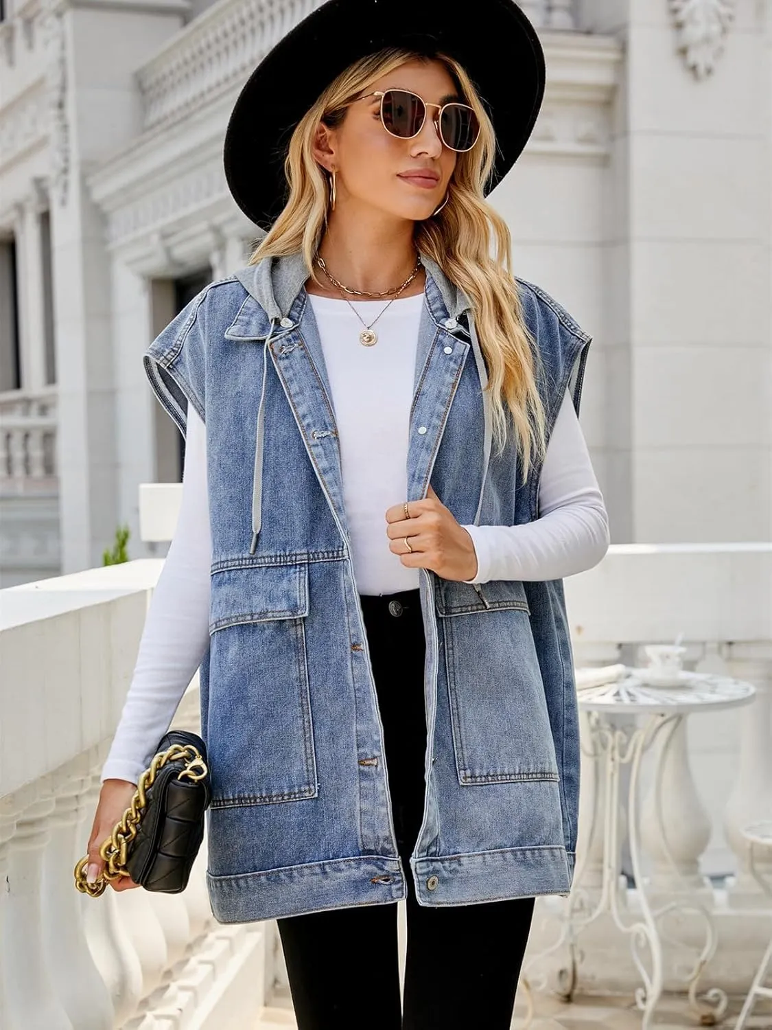 Women's Denim Vest Oversized Sleeveless Jean Jacket Button Down Casual Waistcoat With Detachable Hooded Vest