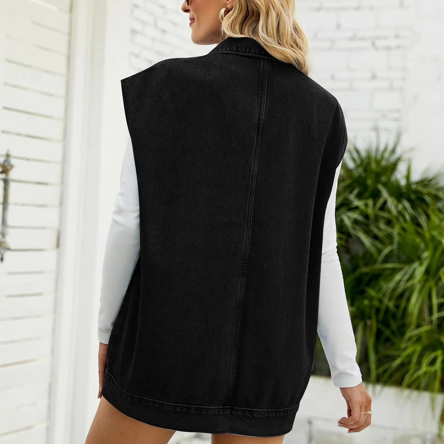 Women's Denim Vest Oversized Sleeveless Jean Jacket Button Down Casual Waistcoat With Detachable Hooded Vest