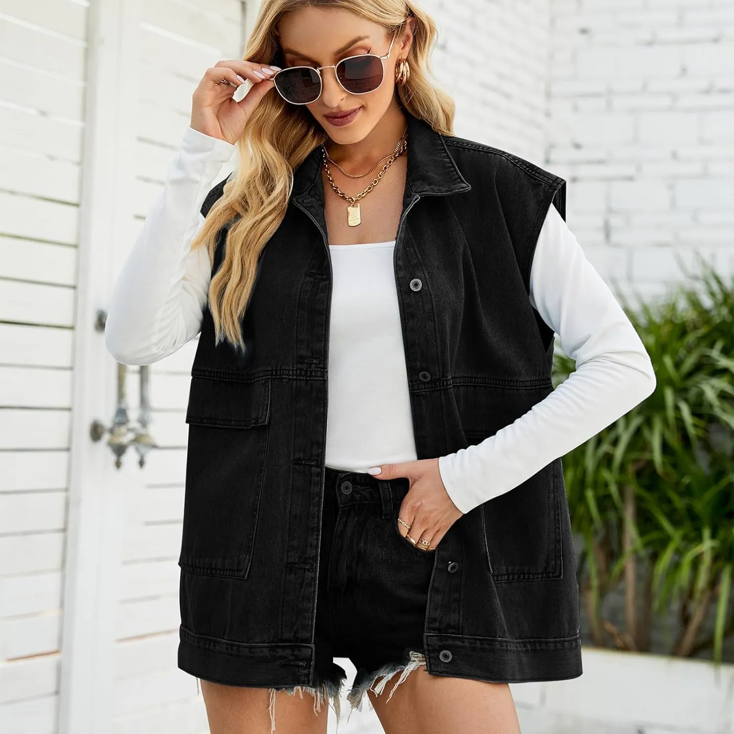 Women's Denim Vest Oversized Sleeveless Jean Jacket Button Down Casual Waistcoat With Detachable Hooded Vest