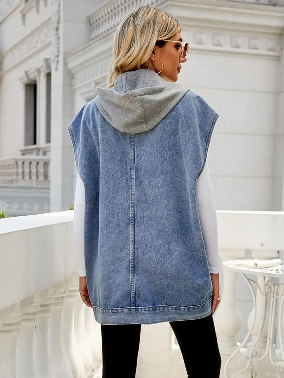 Women's Denim Vest Oversized Sleeveless Jean Jacket Button Down Casual Waistcoat With Detachable Hooded Vest