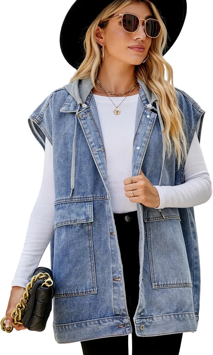 Women's Denim Vest Oversized Sleeveless Jean Jacket Button Down Casual Waistcoat With Detachable Hooded Vest