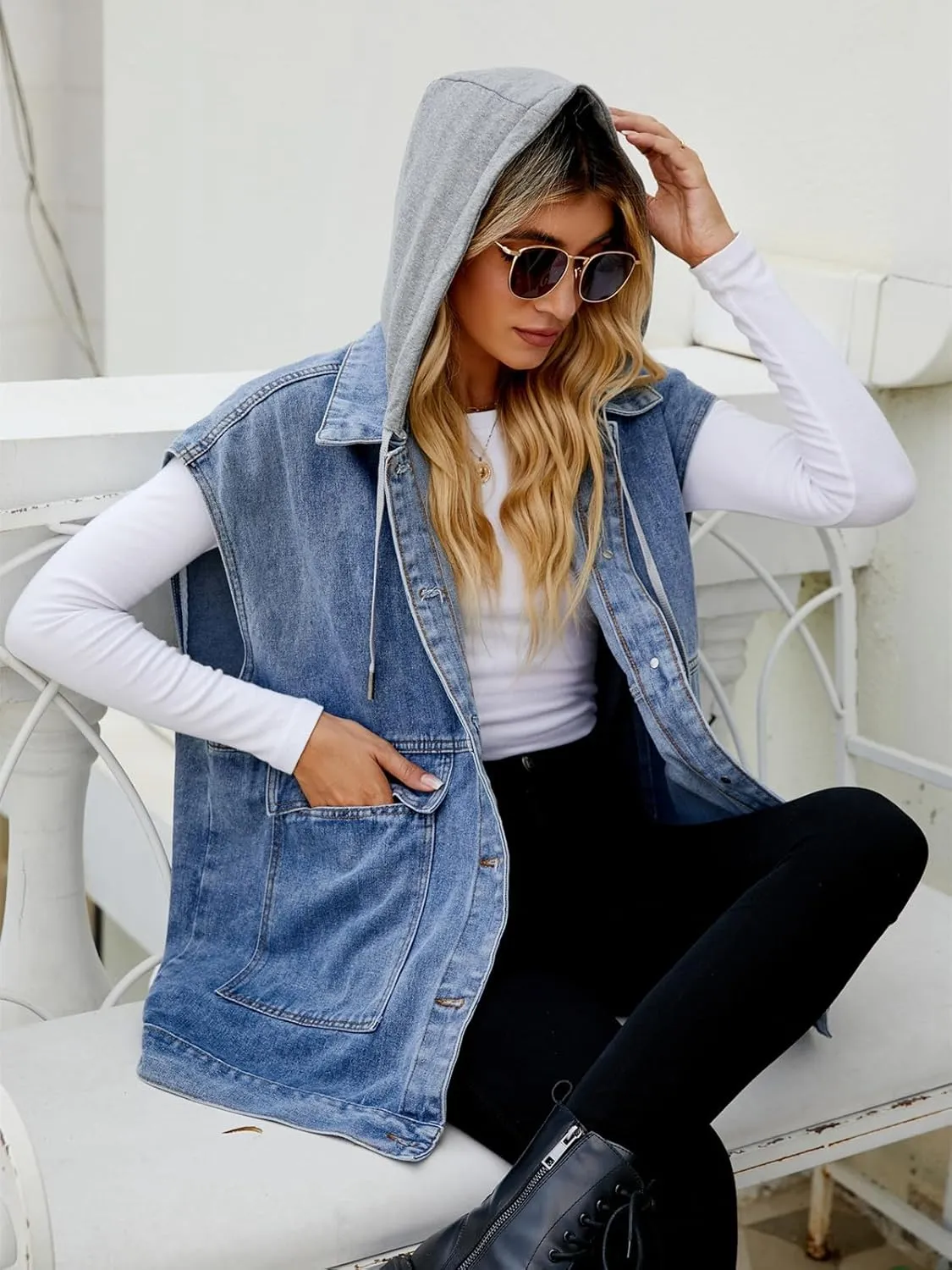 Women's Denim Vest Oversized Sleeveless Jean Jacket Button Down Casual Waistcoat With Detachable Hooded Vest