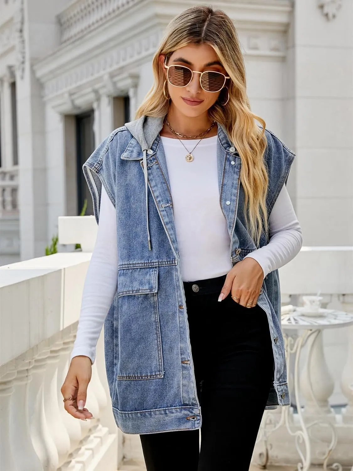 Women's Denim Vest Oversized Sleeveless Jean Jacket Button Down Casual Waistcoat With Detachable Hooded Vest