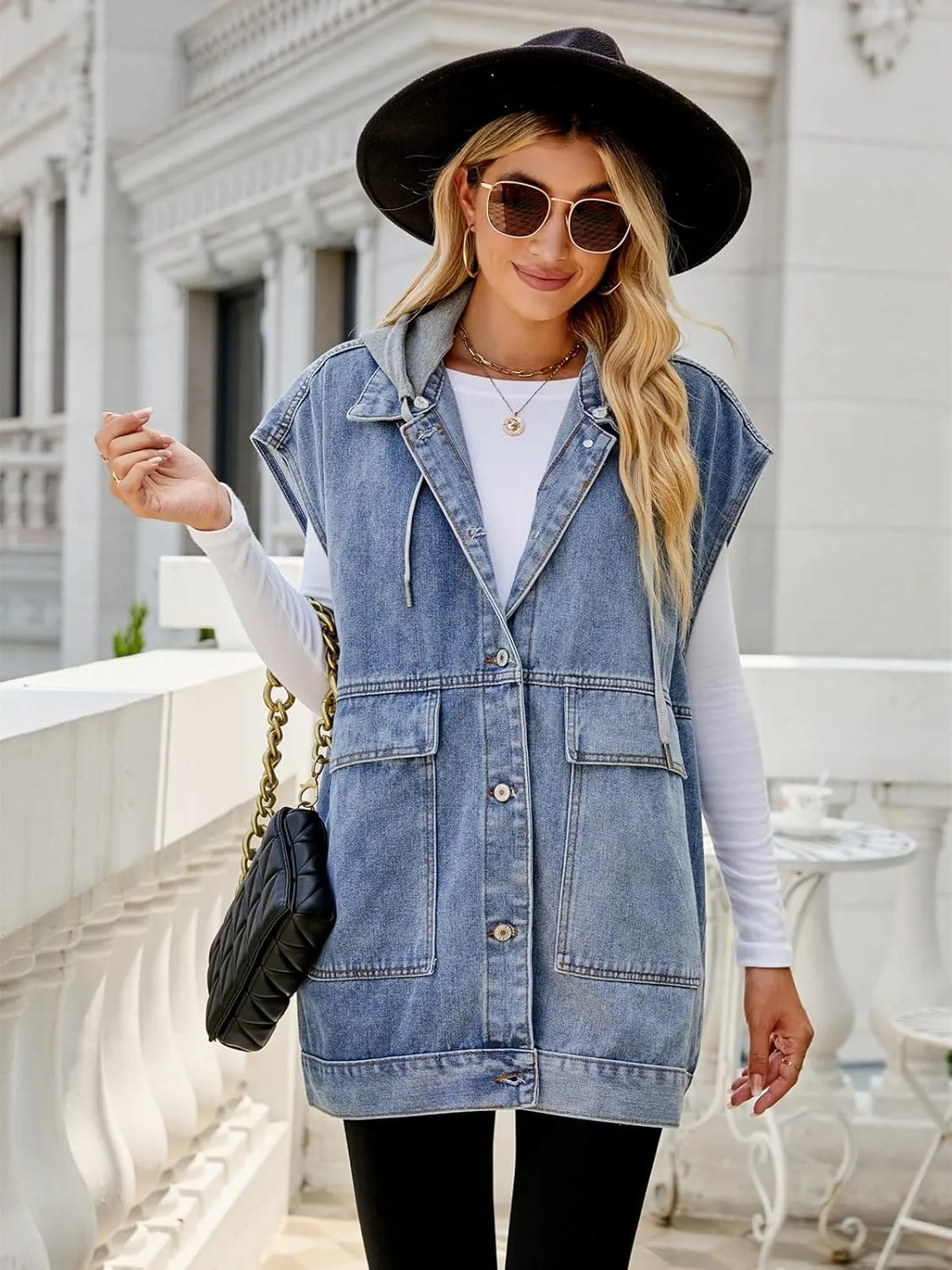 Women's Denim Vest Oversized Sleeveless Jean Jacket Button Down Casual Waistcoat With Detachable Hooded Vest