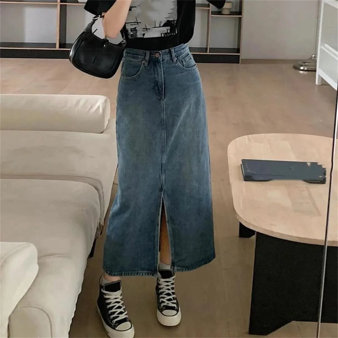 Women's Denim Wrap Skirts Retro High Waisted Split A-Line Denim Skirt