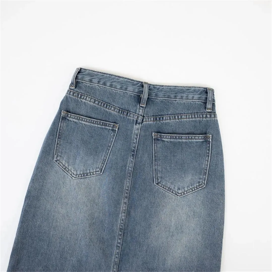 Women's Denim Wrap Skirts Retro High Waisted Split A-Line Denim Skirt