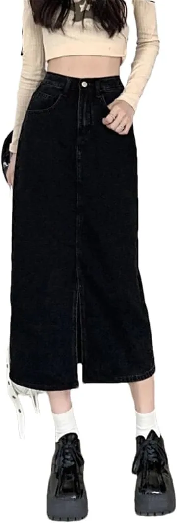 Women's Denim Wrap Skirts Retro High Waisted Split A-Line Denim Skirt