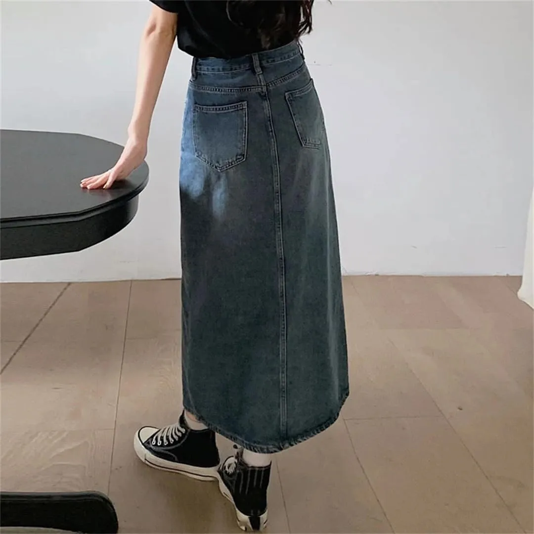 Women's Denim Wrap Skirts Retro High Waisted Split A-Line Denim Skirt