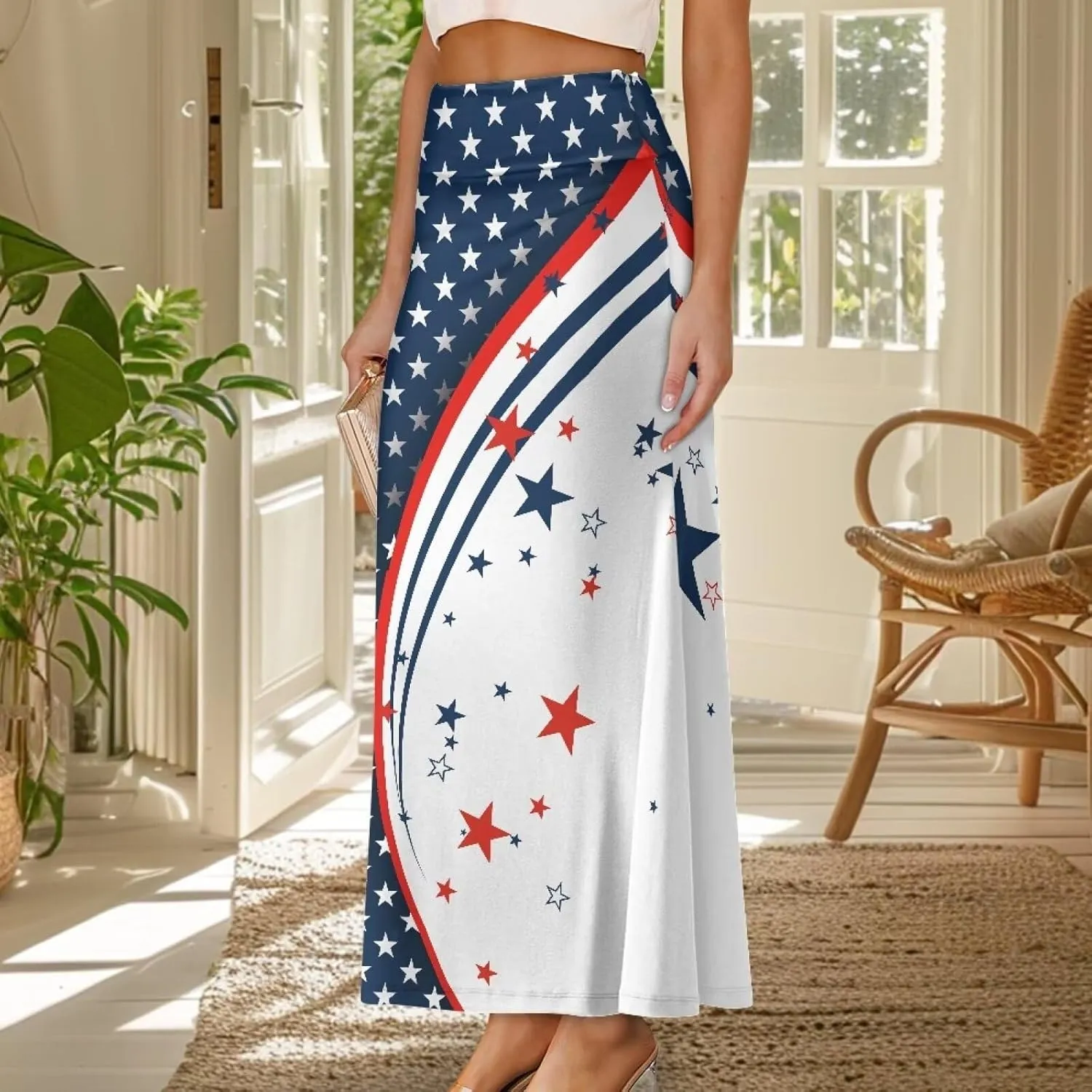 Women's Elastic High Waisted Maxi Skirt Trendy Fall Flared A-Line Midi Skirt Casual Formal Work Skirts