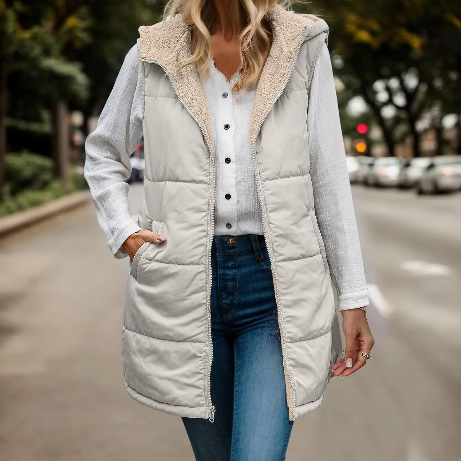 Womens Fall Reversible Puffer Vests Sleeveless Fleece Jacket Zip Up Hoodie Pockets Long Warm 2024 Winter Coat Outerwear