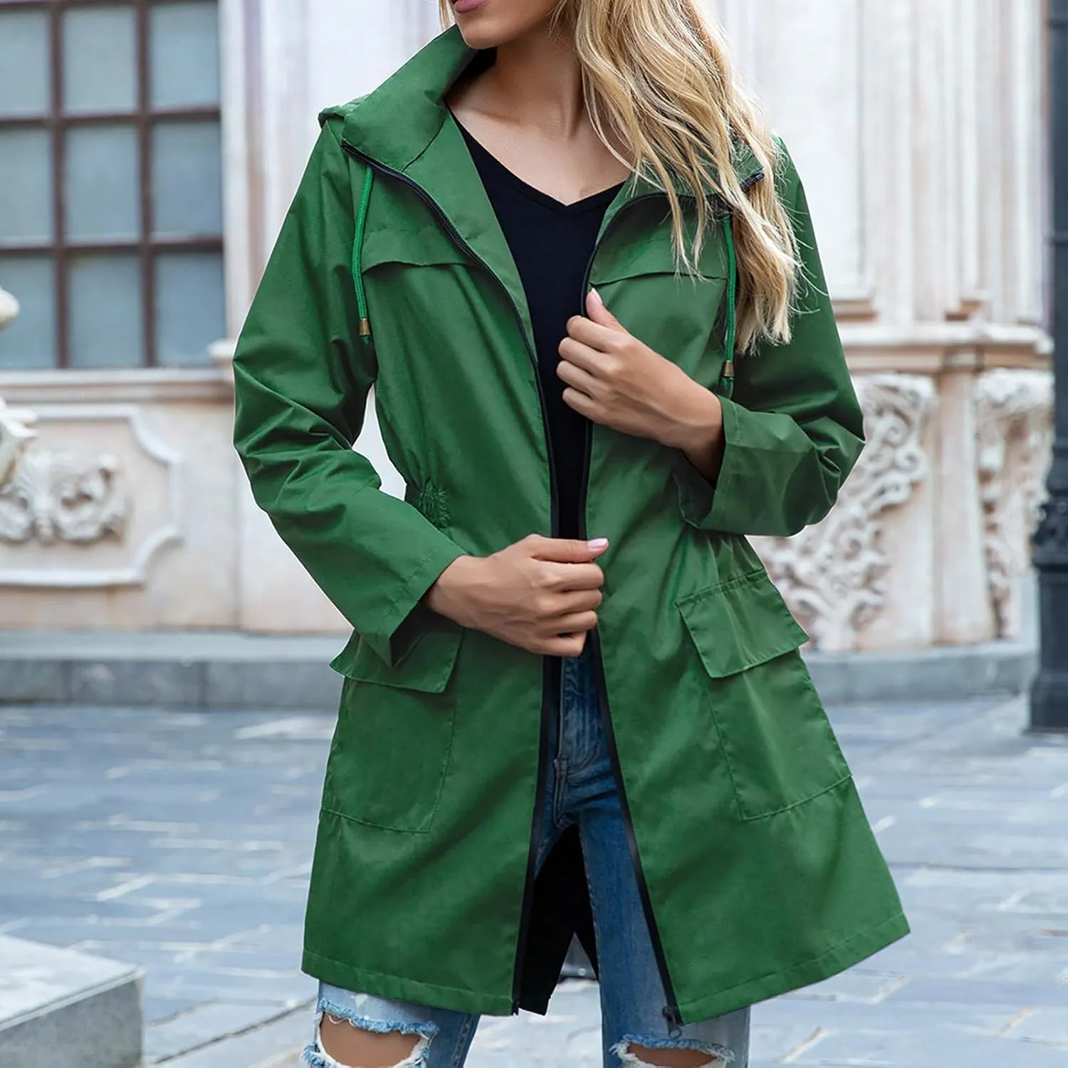 Women's Hooded Lightweight Raincoat Windbreaker Rainproof Outdoor Jackets Waist Up Coats Stormtrooper