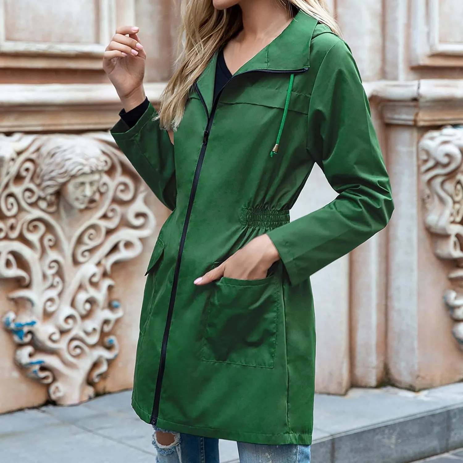 Women's Hooded Lightweight Raincoat Windbreaker Rainproof Outdoor Jackets Waist Up Coats Stormtrooper
