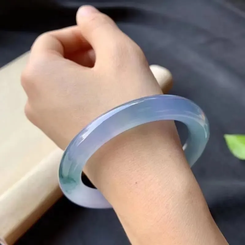 Women's Ice Transparent Floating Flowers Bracelet Purple round Jade Bangle