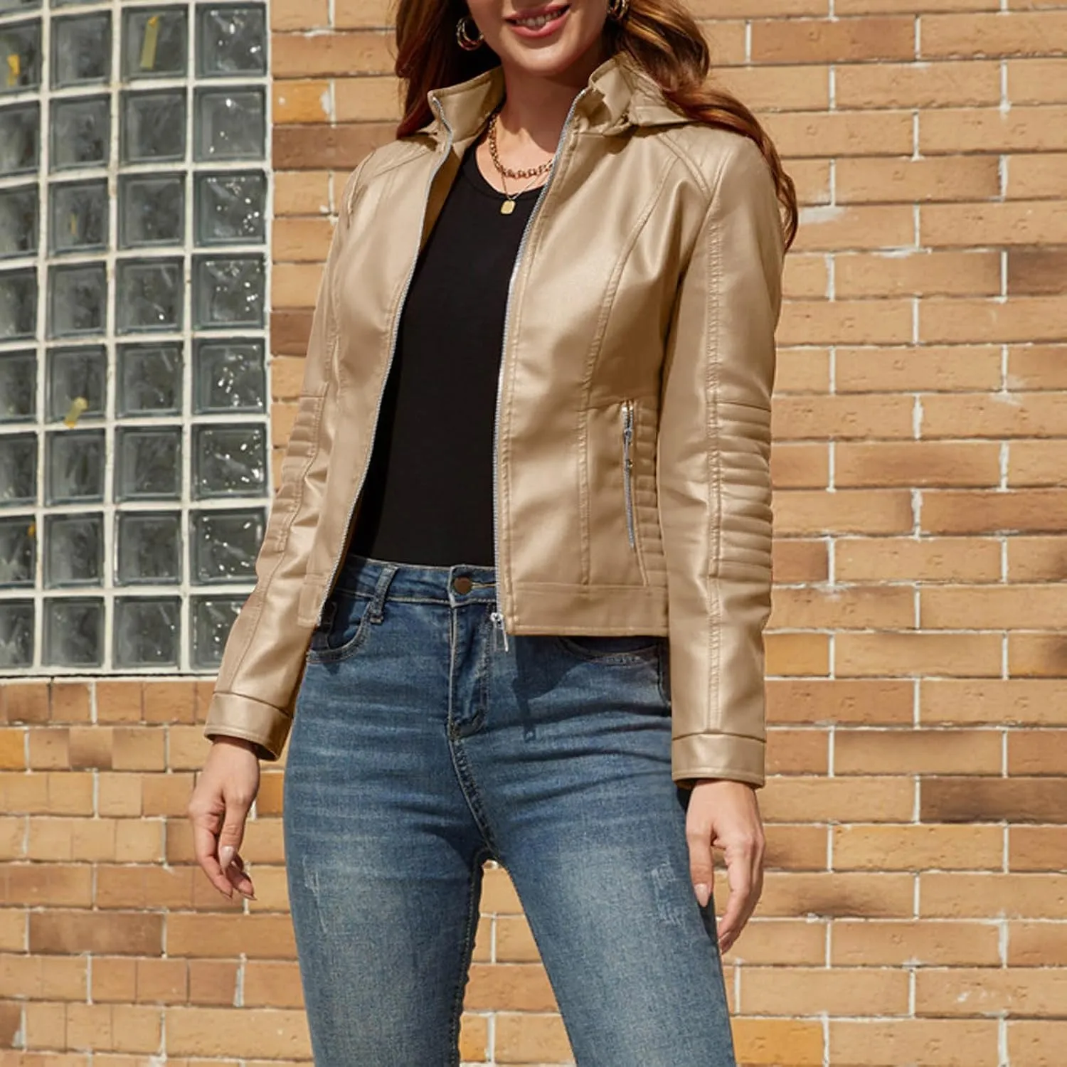 Womens Leather Jacket Lightweight Faux Suede Petite Cropped Jackets Trendy Vintage 80s Full Zip Up Motorcycle Coats