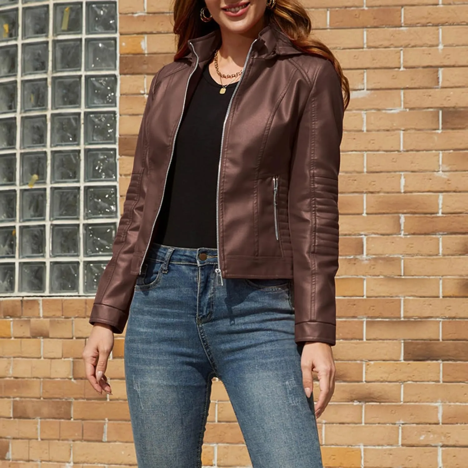 Womens Leather Jacket Lightweight Faux Suede Petite Cropped Jackets Trendy Vintage 80s Full Zip Up Motorcycle Coats