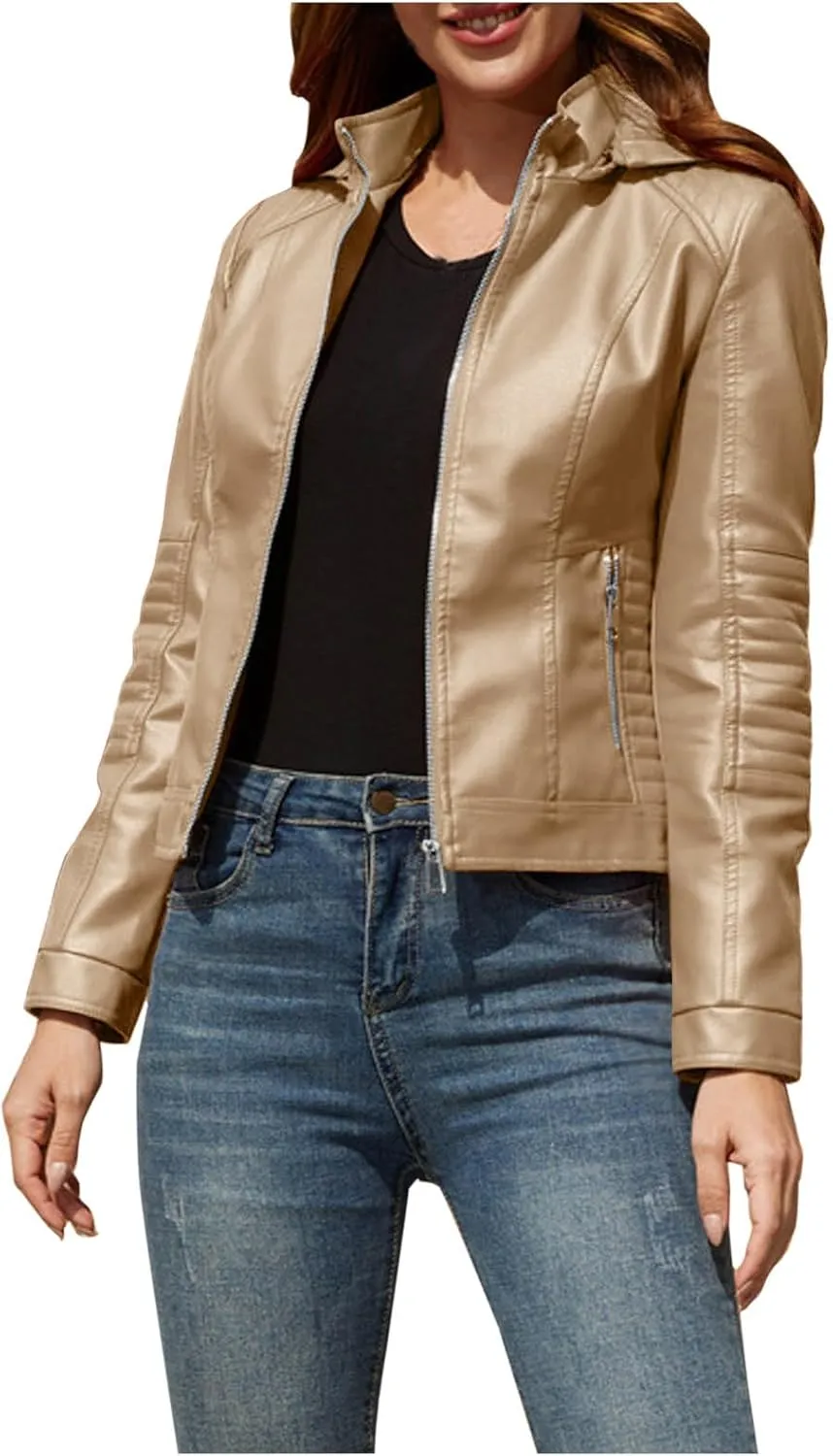 Womens Leather Jacket Lightweight Faux Suede Petite Cropped Jackets Trendy Vintage 80s Full Zip Up Motorcycle Coats