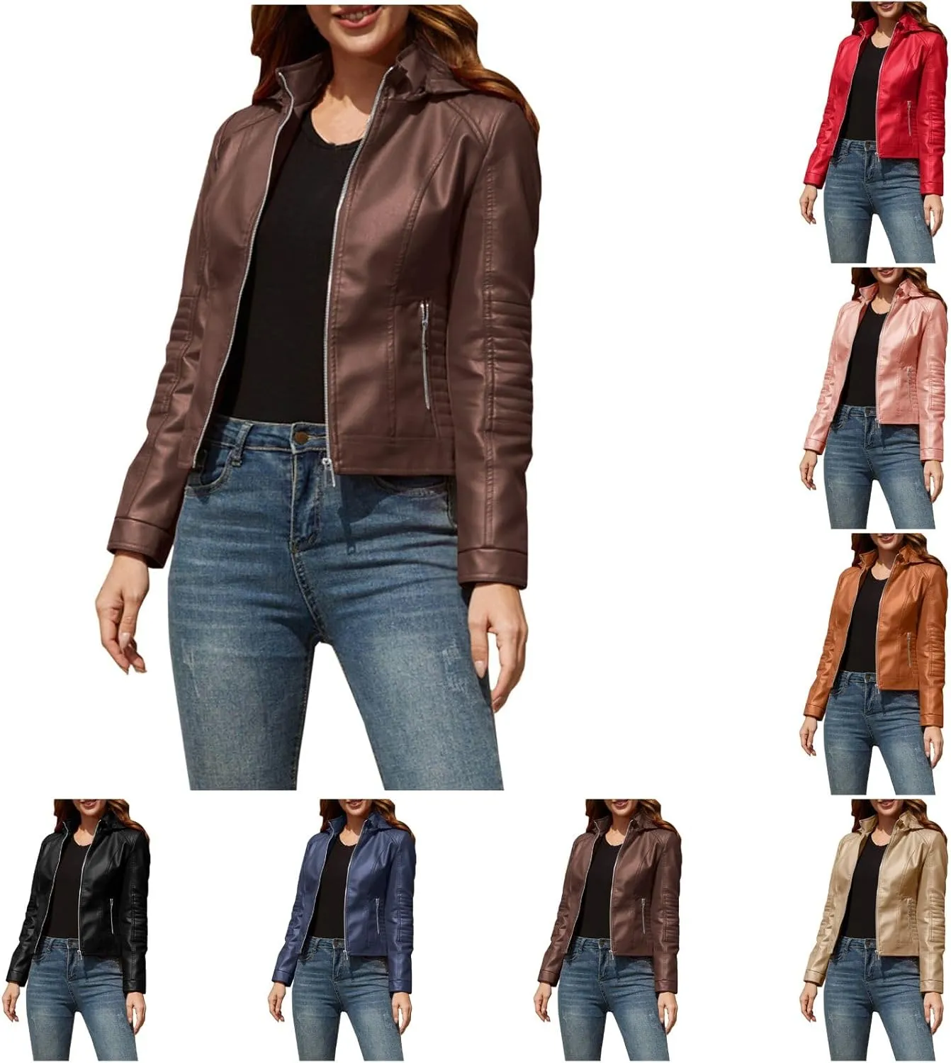 Womens Leather Jacket Lightweight Faux Suede Petite Cropped Jackets Trendy Vintage 80s Full Zip Up Motorcycle Coats