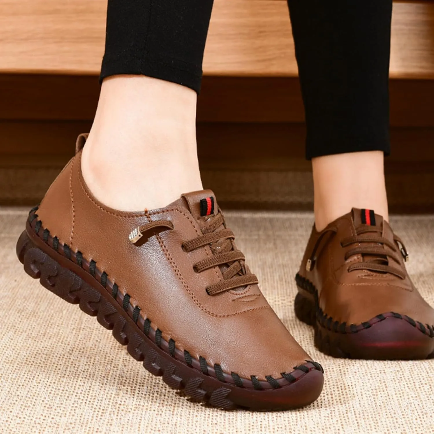 Women's Leather Soft Bottom Flat Shoes Handmade Women Loafers Casual Slip On Orthopedic Sneakers Walking Flats Beef Tendon Leisure Set of Feet Breathable Round Head Non-Slip Mom Loafers