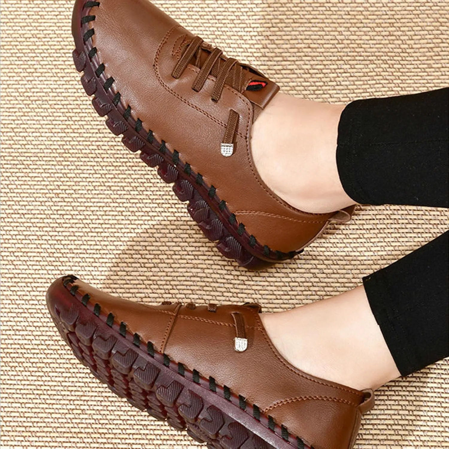 Women's Leather Soft Bottom Flat Shoes Handmade Women Loafers Casual Slip On Orthopedic Sneakers Walking Flats Beef Tendon Leisure Set of Feet Breathable Round Head Non-Slip Mom Loafers