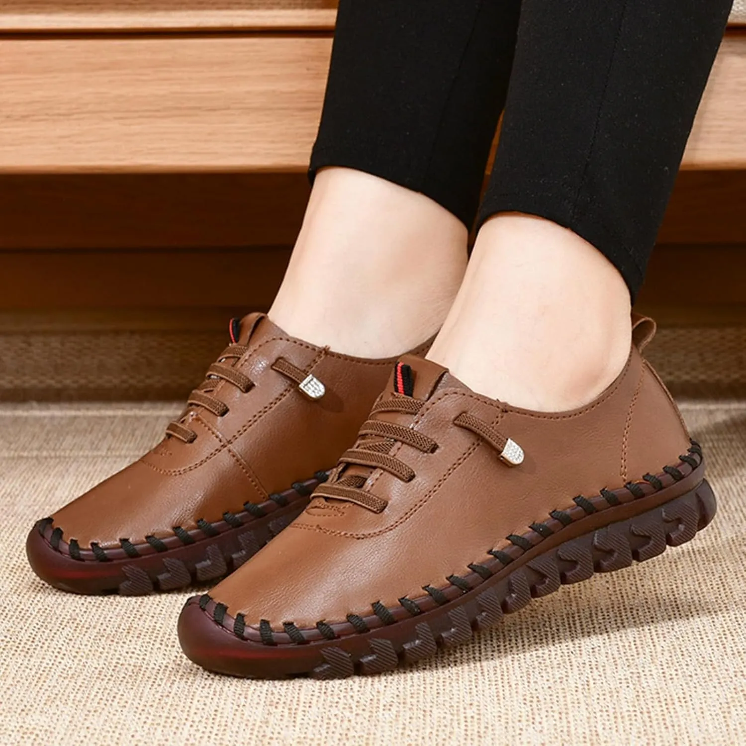 Women's Leather Soft Bottom Flat Shoes Handmade Women Loafers Casual Slip On Orthopedic Sneakers Walking Flats Beef Tendon Leisure Set of Feet Breathable Round Head Non-Slip Mom Loafers