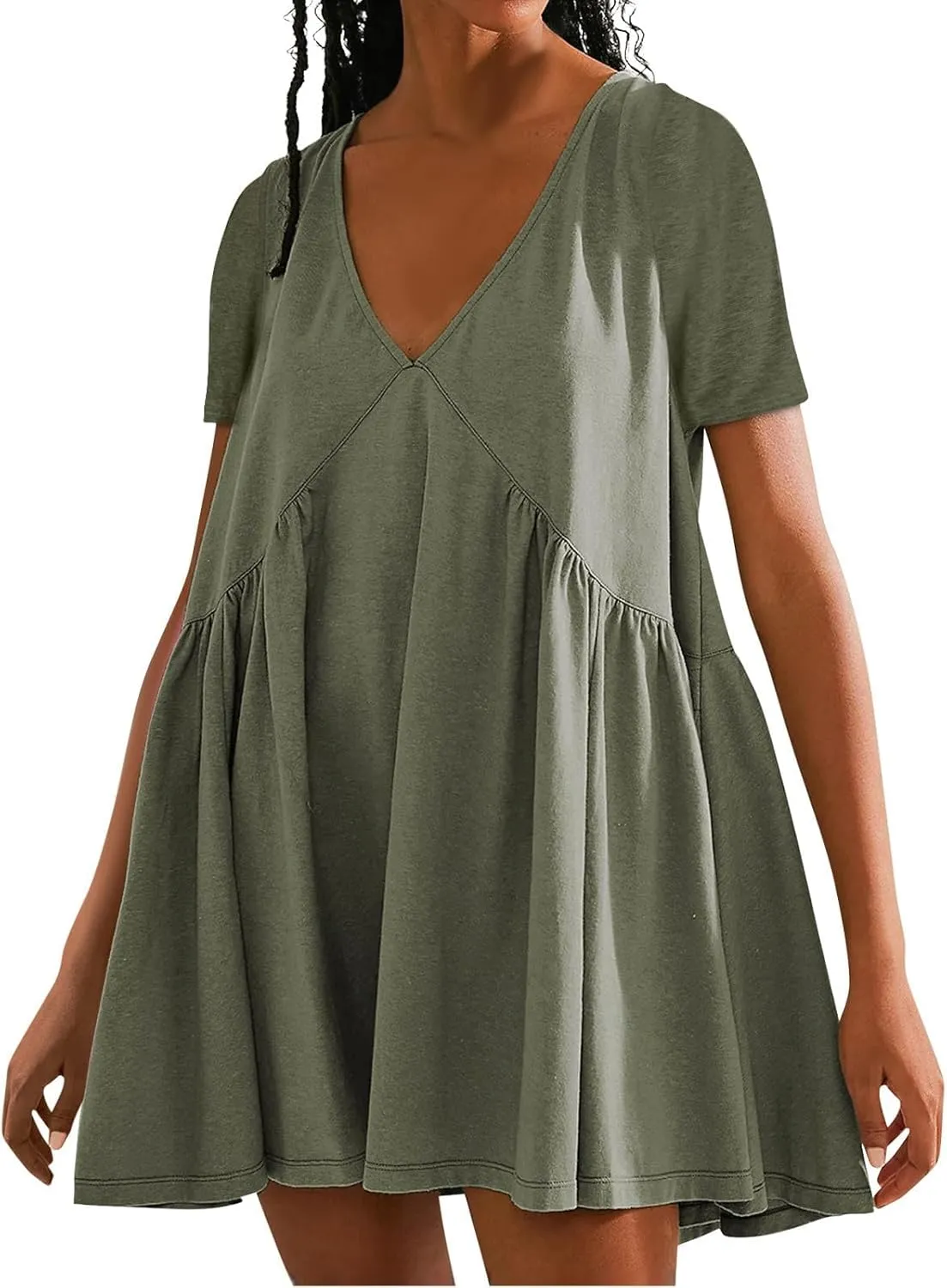 Womens Mini Dress 2025 Casual Short Sleeve V Neck Swing Sundress Trendy Loose Sleeveless Dresses Loose Fit Beach Dress