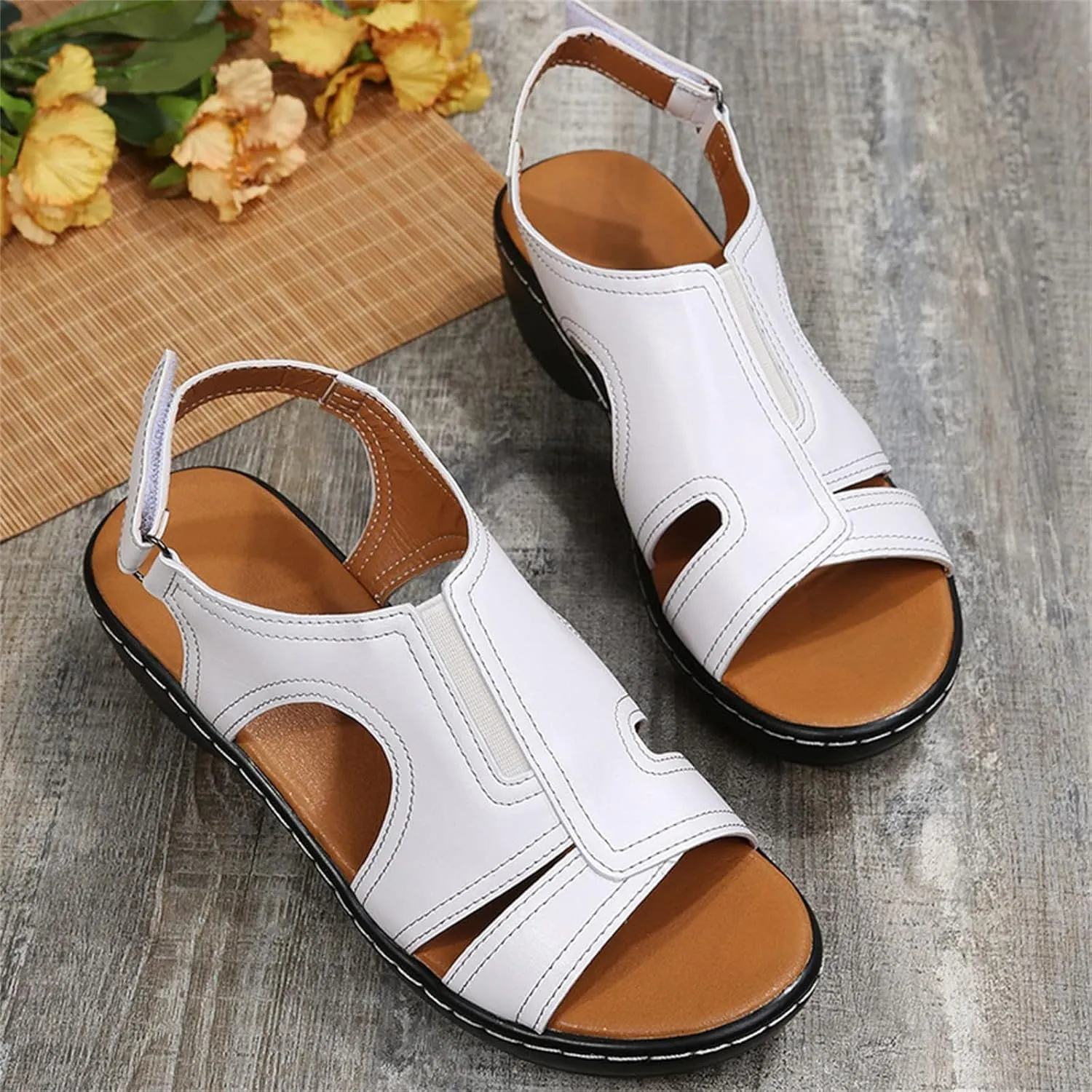 Womens Orthopedic Wedge Sandals Comfortable Slip on Platform Sandals, Wide Width Ankle Strap Open Toe Wedges Summer Casual Walking Shoes with Arch Support
