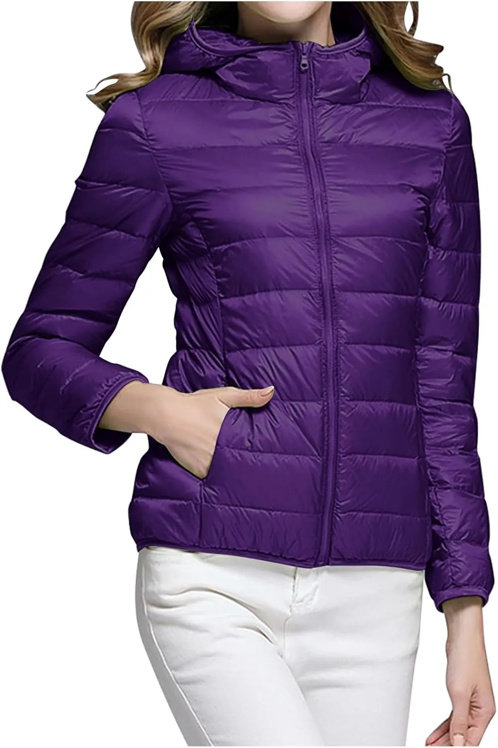 Womens Packable Lightweight Puffer Jacket Hooded Full-Zip Quilted Down Jacket Outdoor Travel Hiking Warm Winter Coats