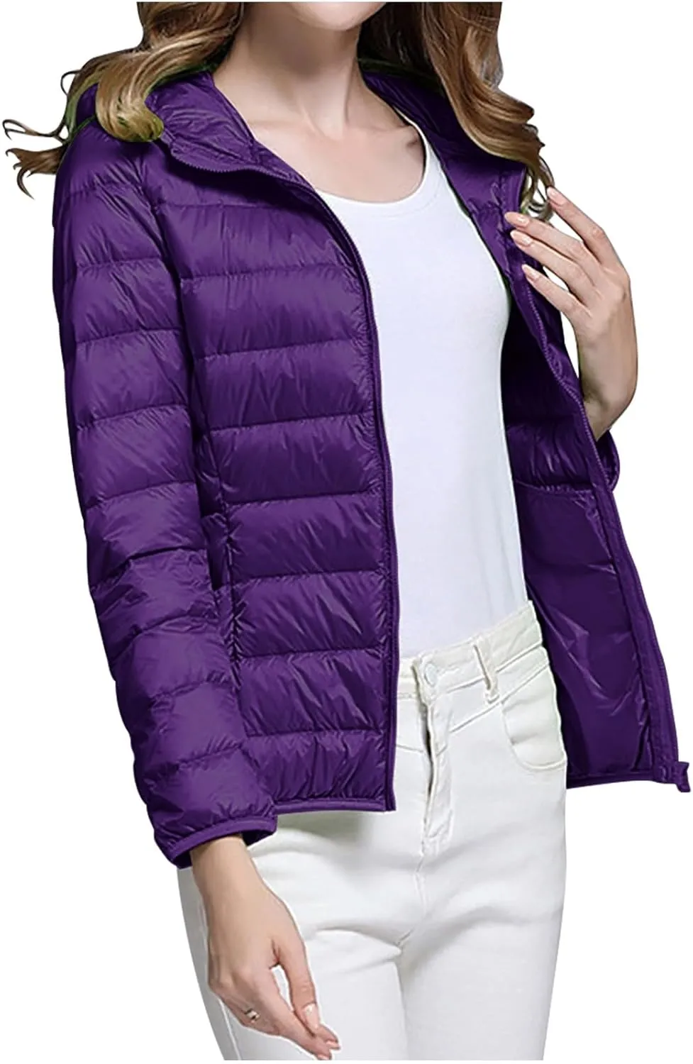 Womens Packable Lightweight Puffer Jacket Hooded Full-Zip Quilted Down Jacket Outdoor Travel Hiking Warm Winter Coats