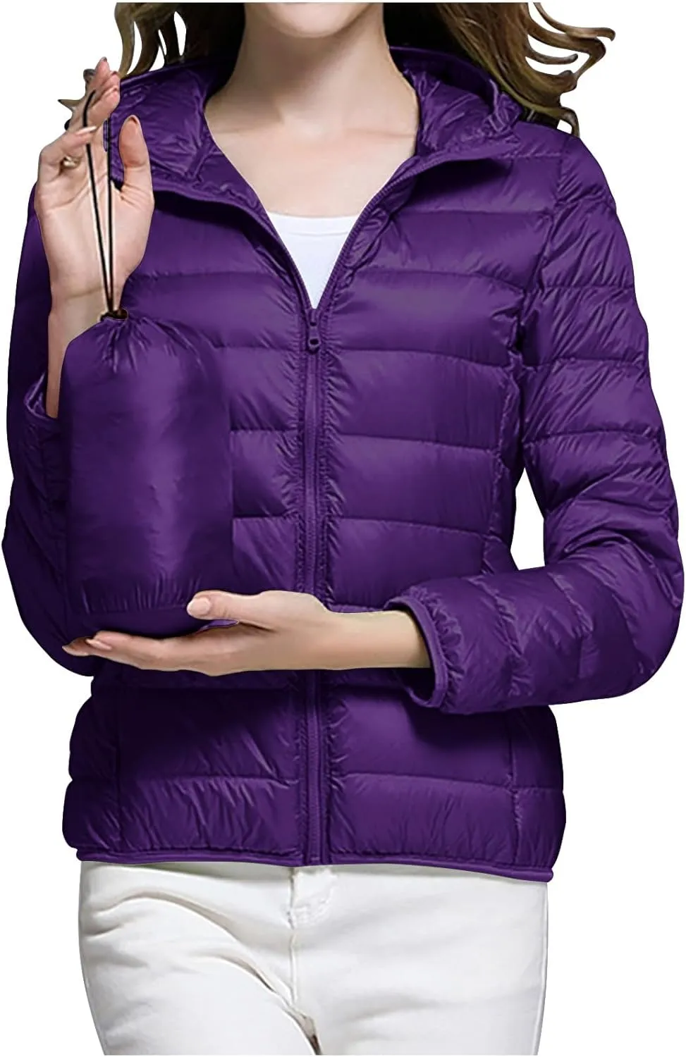Womens Packable Lightweight Puffer Jacket Hooded Full-Zip Quilted Down Jacket Outdoor Travel Hiking Warm Winter Coats