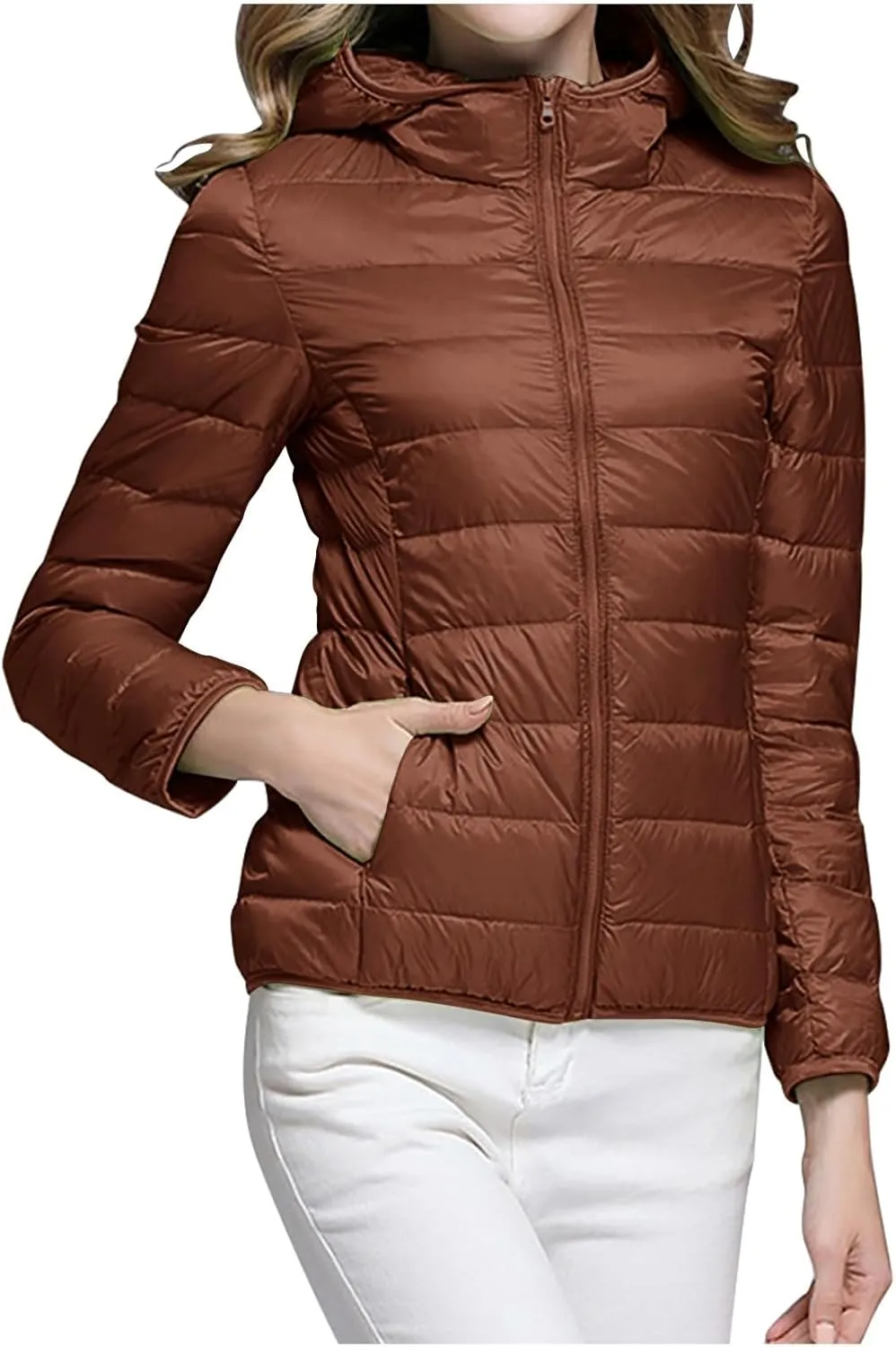 Womens Packable Lightweight Puffer Jacket Hooded Full-Zip Quilted Down Jacket Outdoor Travel Hiking Warm Winter Coats