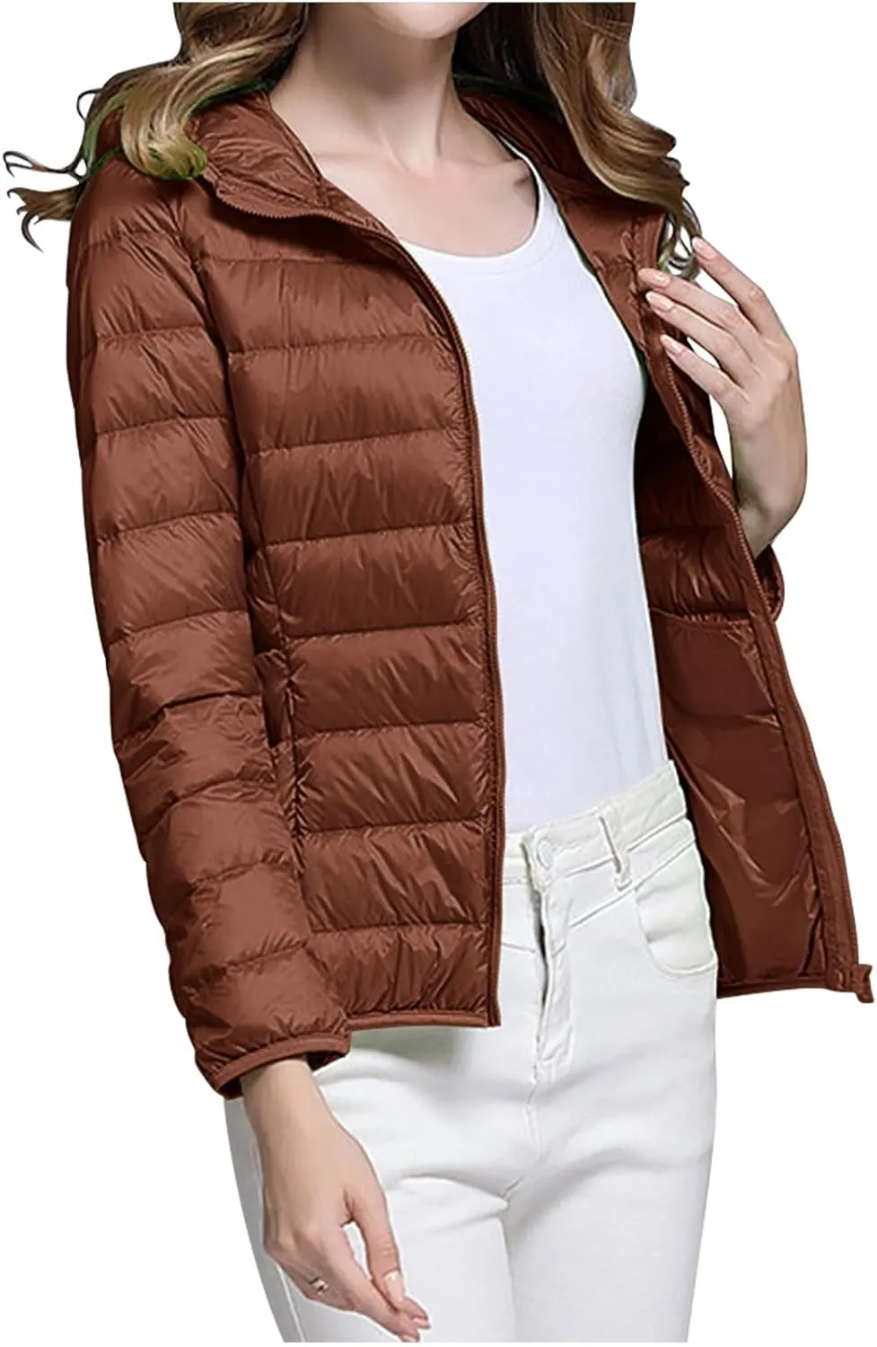 Womens Packable Lightweight Puffer Jacket Hooded Full-Zip Quilted Down Jacket Outdoor Travel Hiking Warm Winter Coats