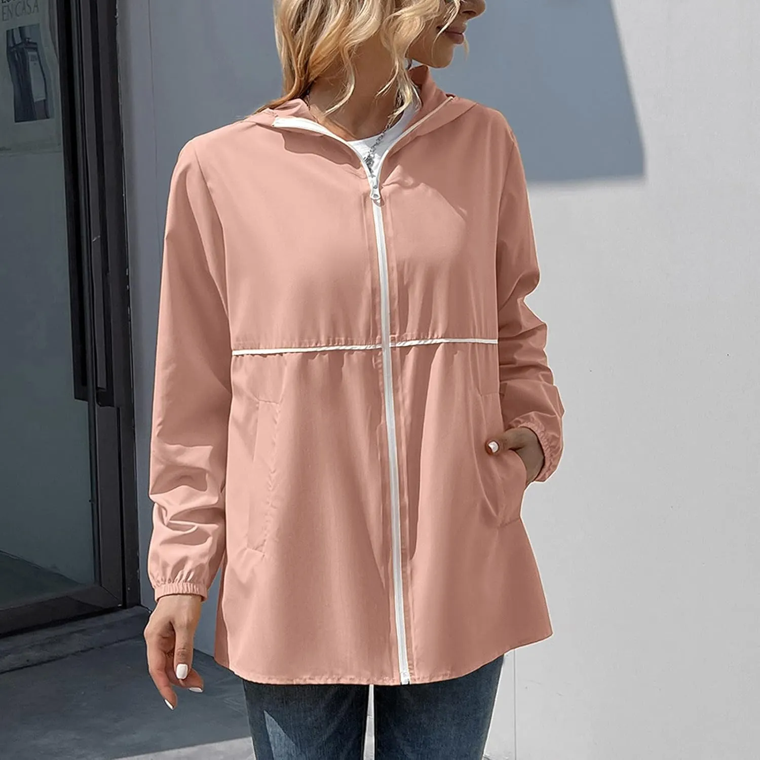 Womens Rain Jacket Lightweight Waterproof Raincoat with Hood Cycling Bike Cardigan Jackets Windbreaker Tops Coats