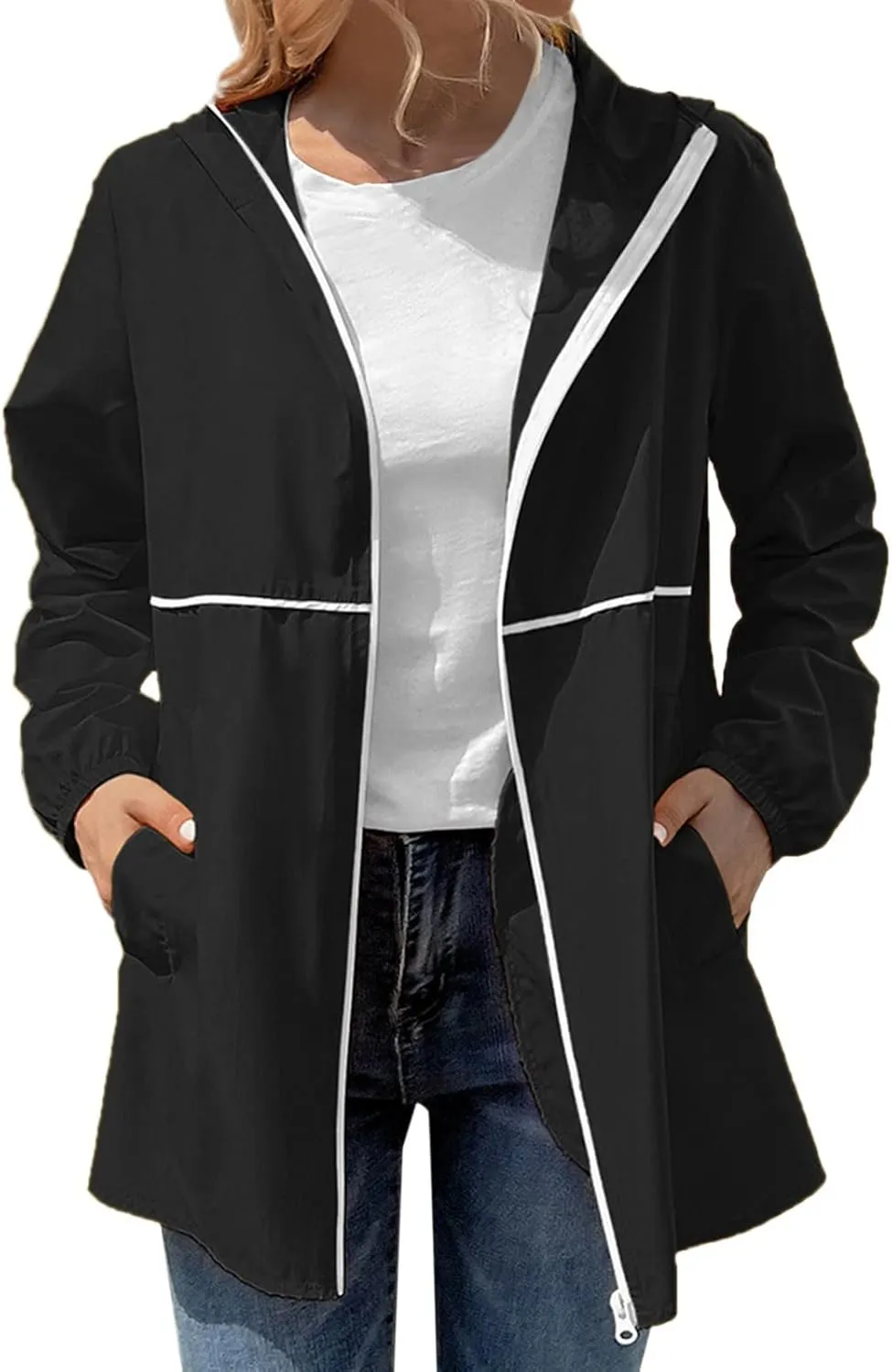 Womens Rain Jacket Lightweight Waterproof Raincoat with Hood Cycling Bike Cardigan Jackets Windbreaker Tops Coats