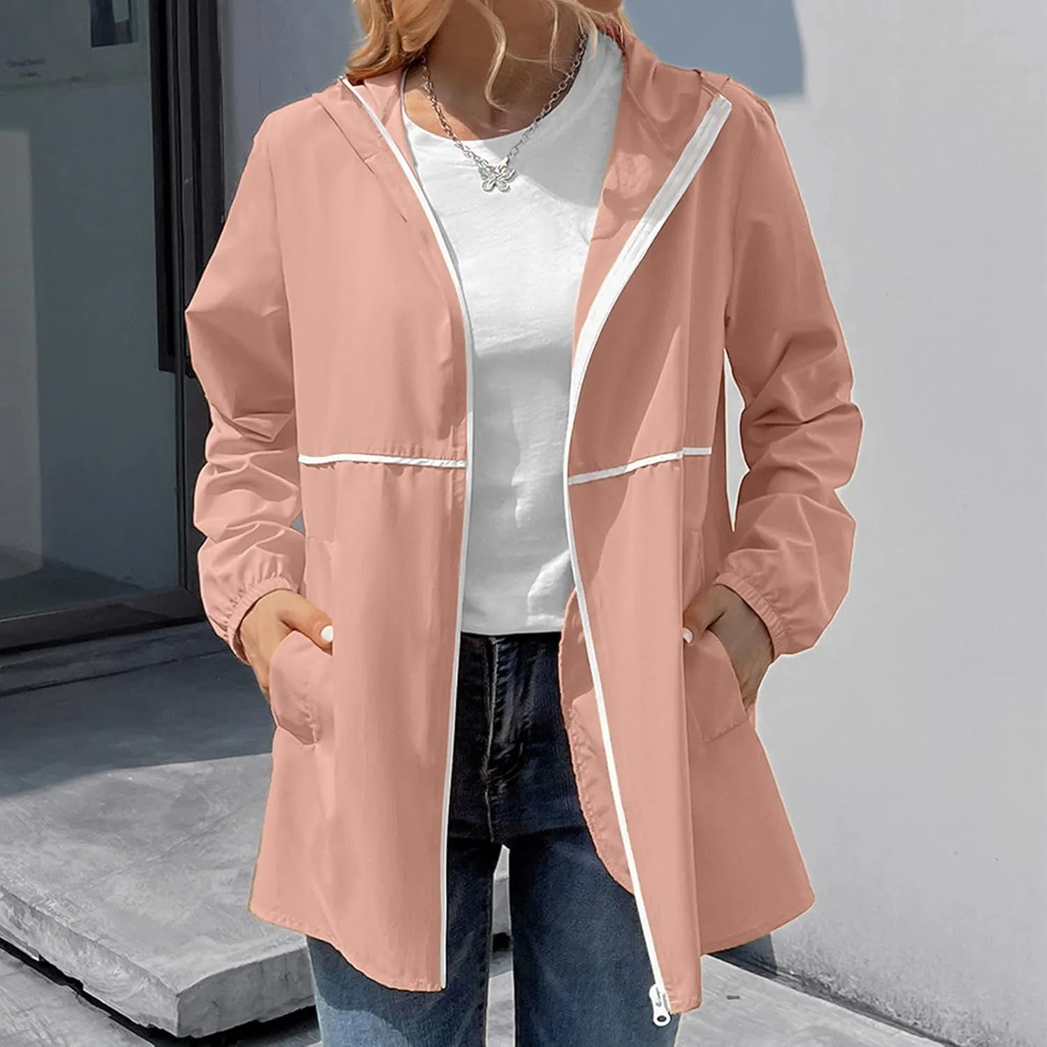 Womens Rain Jacket Lightweight Waterproof Raincoat with Hood Cycling Bike Cardigan Jackets Windbreaker Tops Coats