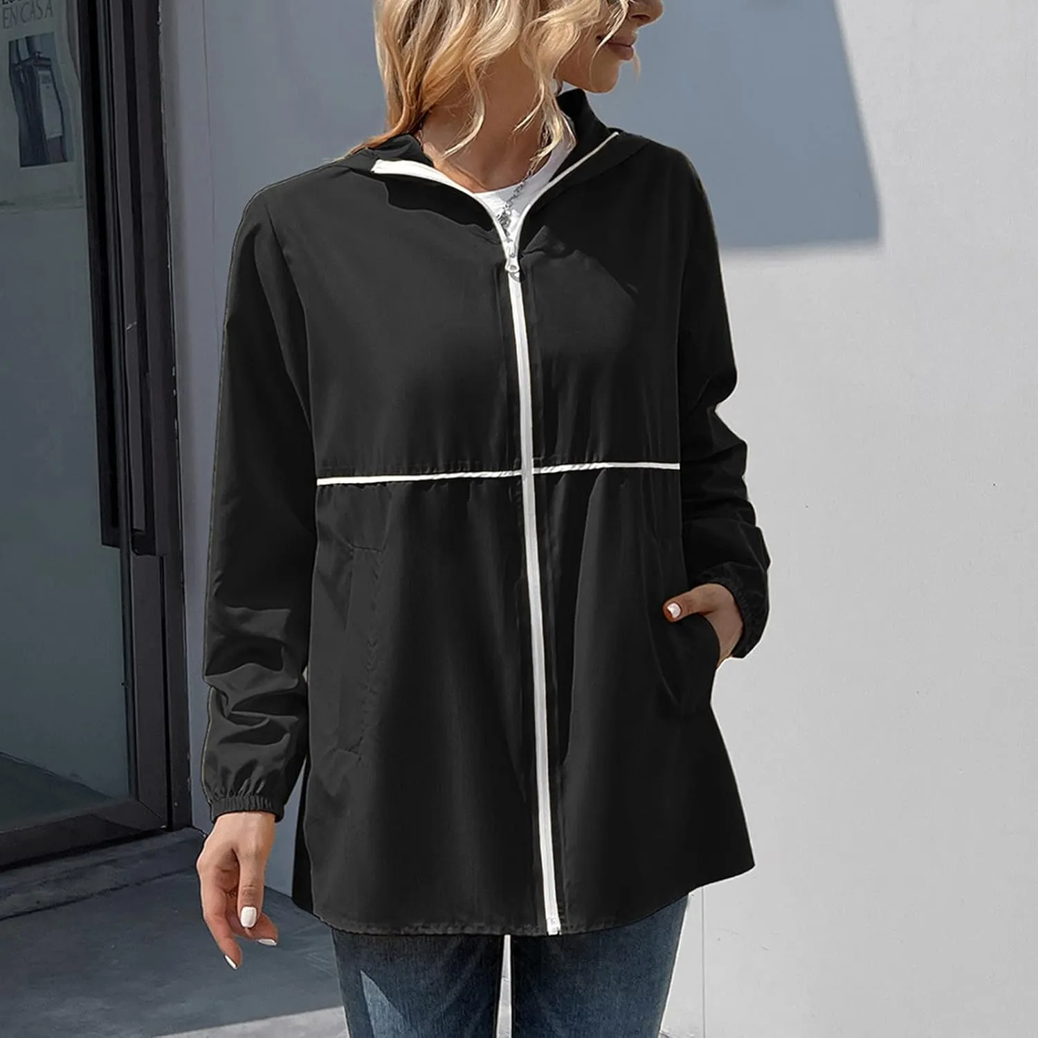 Womens Rain Jacket Lightweight Waterproof Raincoat with Hood Cycling Bike Cardigan Jackets Windbreaker Tops Coats