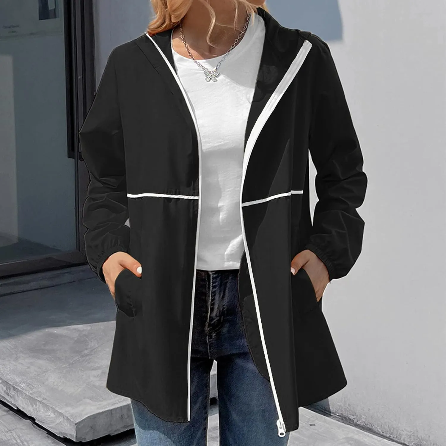 Womens Rain Jacket Lightweight Waterproof Raincoat with Hood Cycling Bike Cardigan Jackets Windbreaker Tops Coats