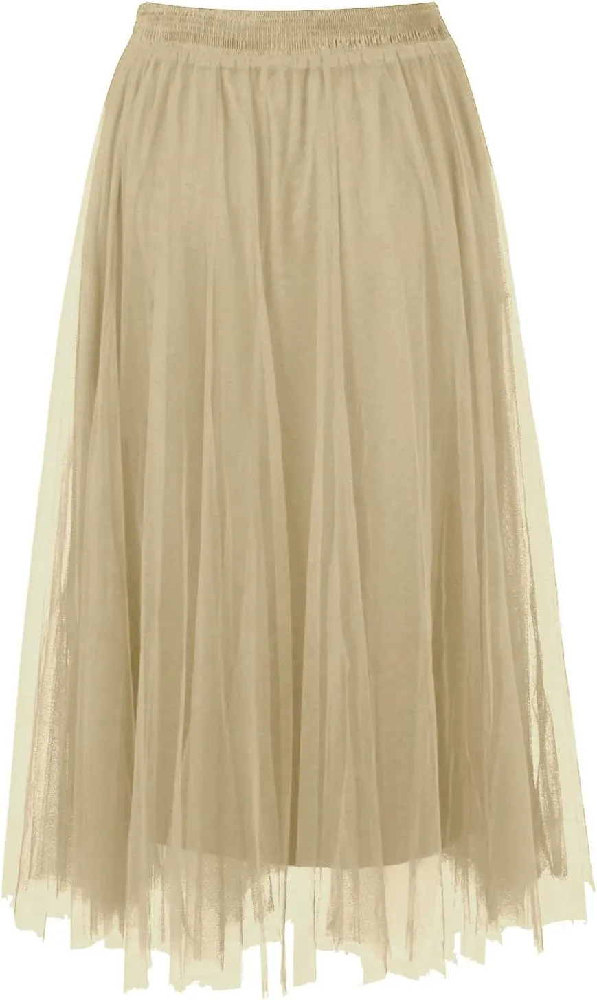 Women's Summer Casual Maxi Skirt Tiered High Waist Solid Mesh Flowy Elegant