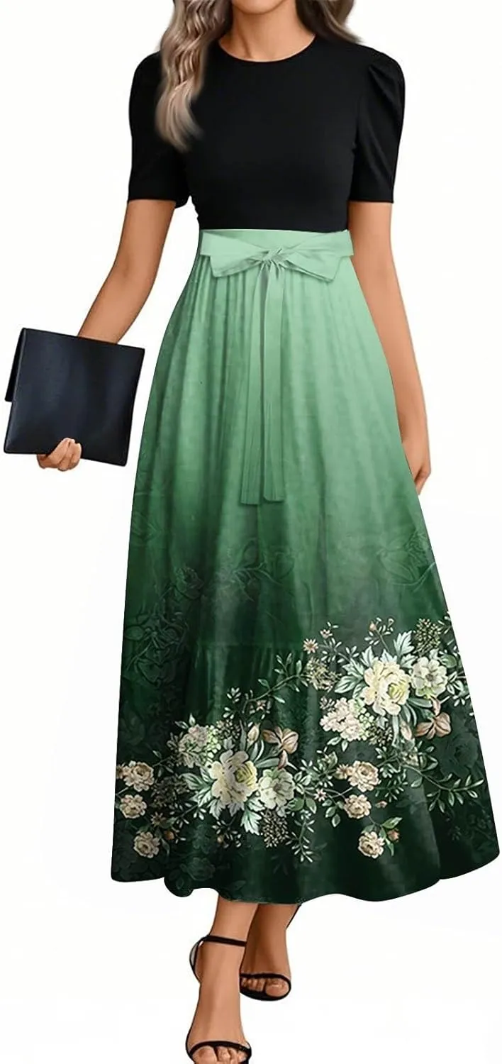 Womens Summer Casual Midi Dress Cowl Neck Short Sleeve Smocked High Waist A Line Wedding Guest