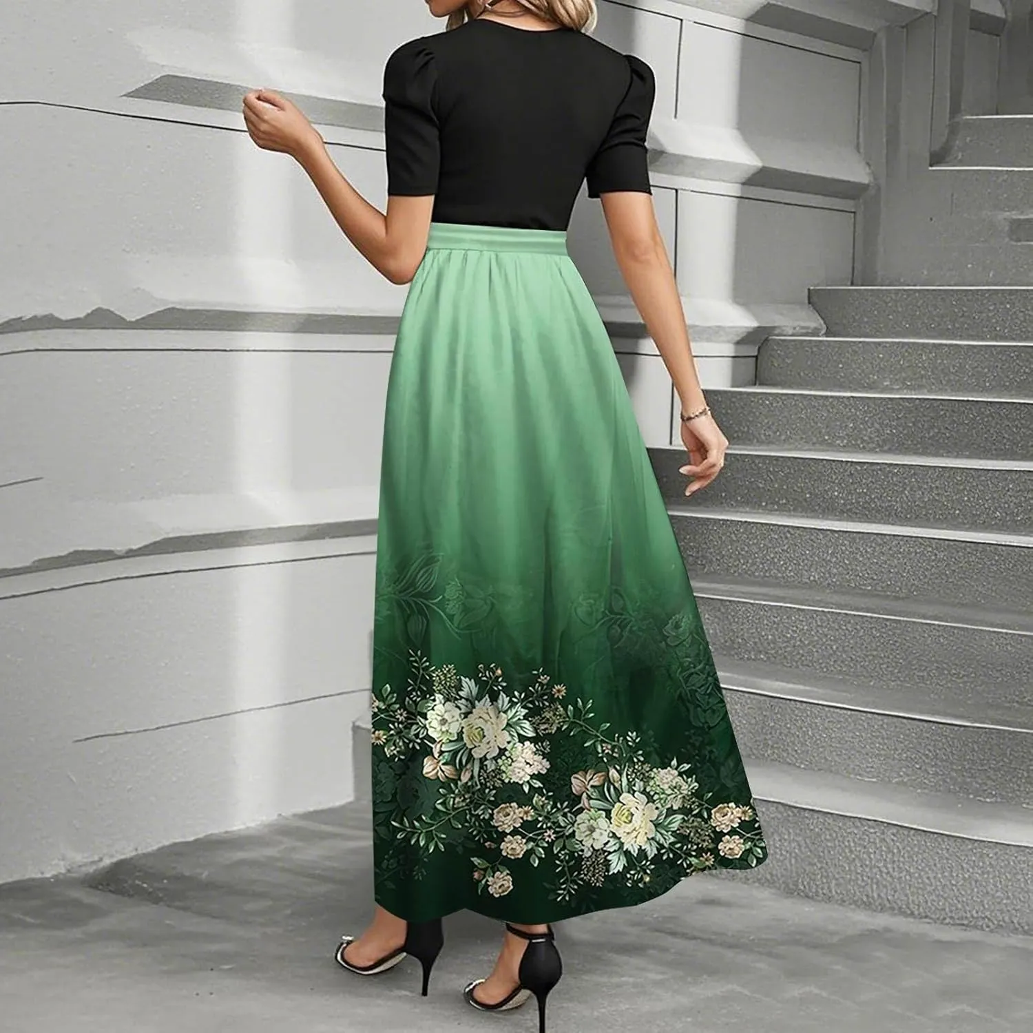 Womens Summer Casual Midi Dress Cowl Neck Short Sleeve Smocked High Waist A Line Wedding Guest