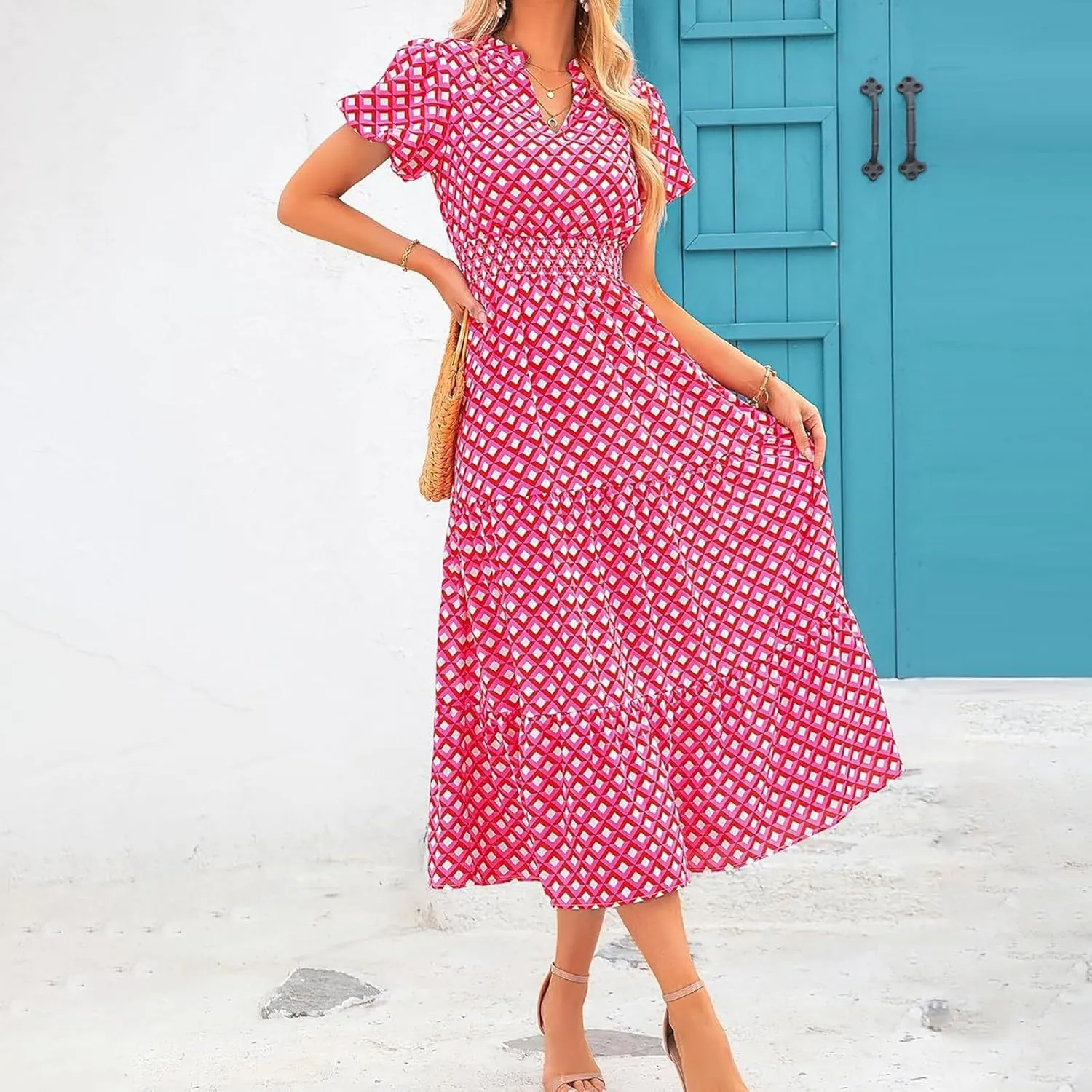 Women's Summer Casual V Neck Short Sleeve Ruffle Ruched Beach Boho Long Floral Maxi Dress Maxi Dress